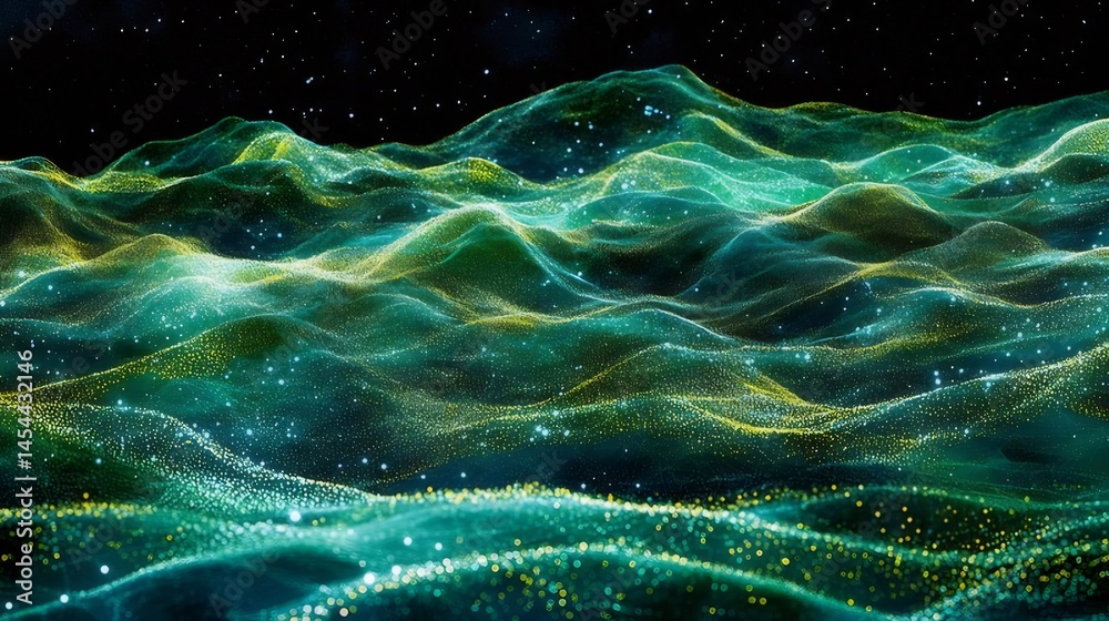 Aufkleber 抽象的な緑と黄色の輝く粒子が宇宙背景に波打つデジタルアート