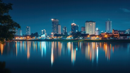 Fototapeta premium City skyline at night reflected on calm water. Lush greenery on the bank