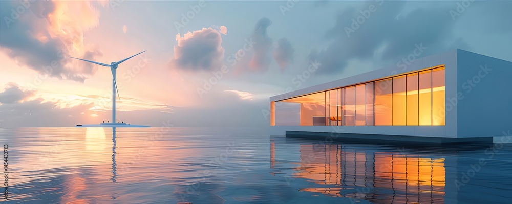 Poster 夕焼けの海に佇むモダン建築と風力タービン 水面に映るオレンジ色の光と空のグラデーション