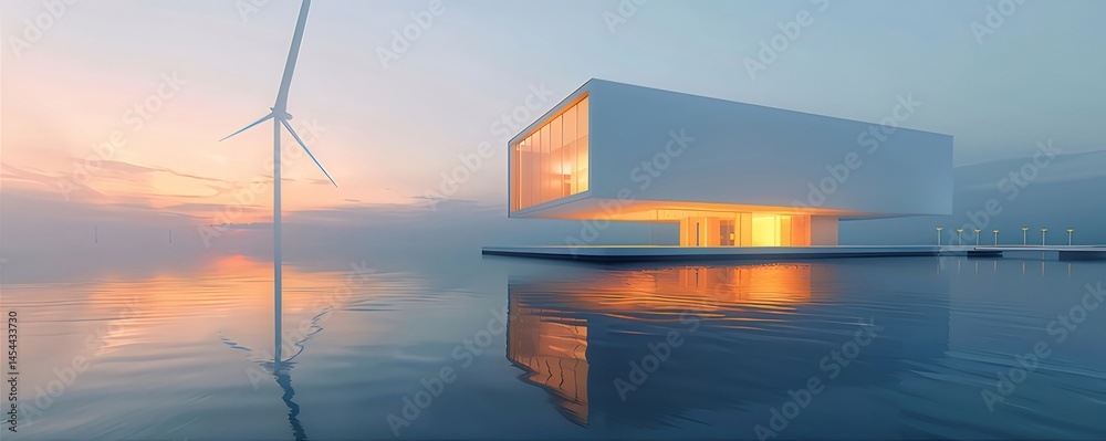 Poster 水面に浮かぶモダン建築と風力タービンの夕焼け風景 白い建物とタービンのシルエット
