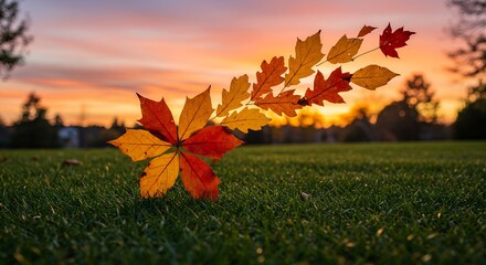 Autumn Leaves on Grass Against Sunset