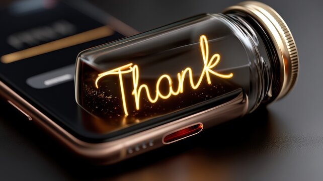 A glowing "Thank" is displayed inside a glass capsule resting on a smartphone, symbolizing digital gratitude and appreciation.
