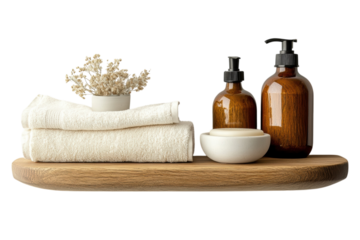 Serene Spa Setting Soft towels amber bottles and dried flowers on a rustic wooden shelf on transparent background