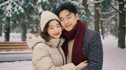 A young korean couple hugs gently amid snow‑covered trees and empty benches. concept of tranquil affection and peaceful winter bonding.