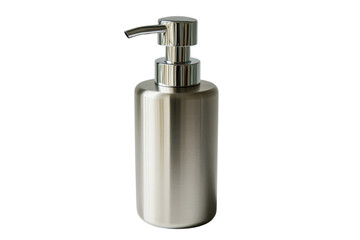 Obraz premium Sleek stainless steel soap dispenser with a modern chrome pump isolated on a black background on transparent background