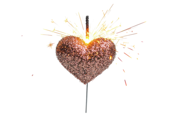 Sparkling glitter heart firework ignites passionate love celebration vibrant gold sparks on transparent background