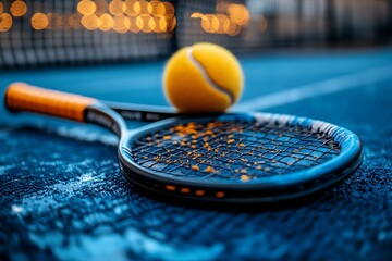Tennis Racket and Ball on a Blue Court at Dusk