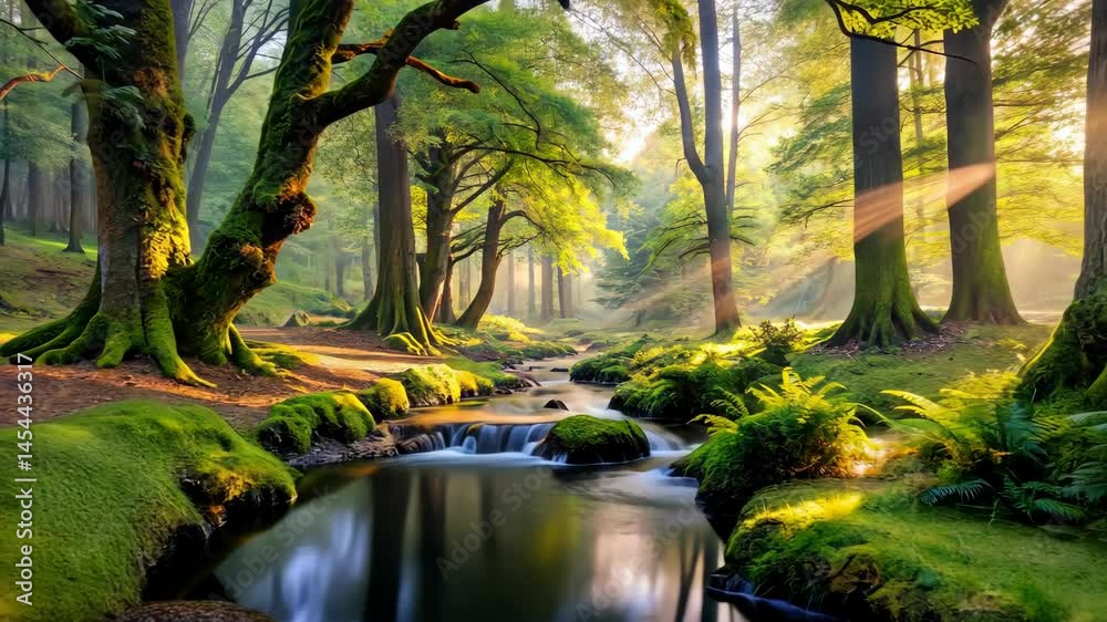 Poster Sunlight streams through a tranquil forest scene, illuminating a gently flowing stream, creating a peaceful ambiance.