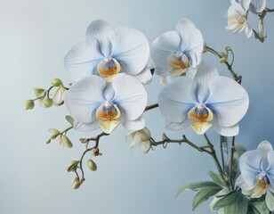 Fototapeta premium Intricate watercolor painting of Philippine Phalaenopsis orchids against a soft blue wash , leaves, pink, texture