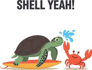 Turtle and Crab Surfing Cartoon Vector Illustration for T-Shirt and Print Projects 