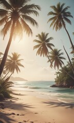 Obraz premium Vintage film effect captures a tranquil tropical beach scene with swaying palms and hazy ocean , calm waters, summer vibes, warm