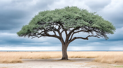 Vast savanna landscape features solitary tree standing majestically against backdrop of dramatic clouds. scene evokes sense of tranquility and resilience in nature