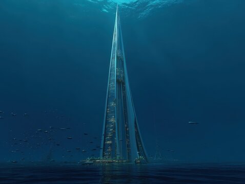 Futuristic underwater skyscraper pierces through the ocean depths, a testament to innovative architecture and ambitious engineering.