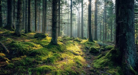Fototapeta premium Enchanted Coniferous Grove: A Mystical Forest Awash in Moss and Sunlight, Capturing the Essence of a Fairytale Landscape
