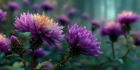 Vibrant purple flowers glisten with dew in a serene woodland setting during early morning light