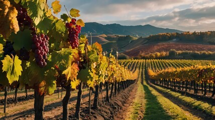 Naklejka premium Rows of lush grapevines in a vineyard with ripening grapes