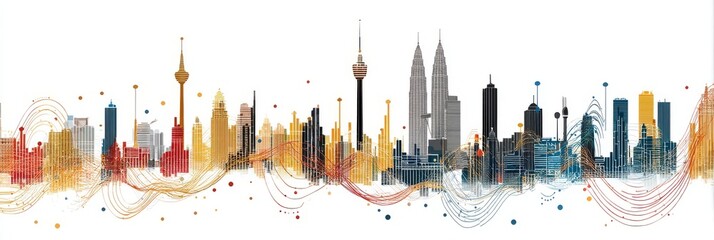 Naklejka premium Vibrant Kuala Lumpur Skyline with Abstract Connectivity: Aesthetic Waves Representing Big Data and Colourful Communication Technology