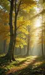 Obraz premium Golden leaves dappled sunlight, lush green undergrowth, photography, outdoor, picture