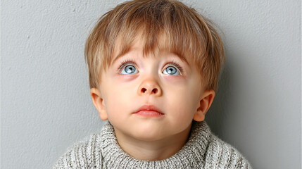 Fototapeta premium Young child with light brown hair and striking blue eyes gazes upwards, wearing cozy gray sweater. soft expression their face conveys curiosity and innocence, set against neutral gray background