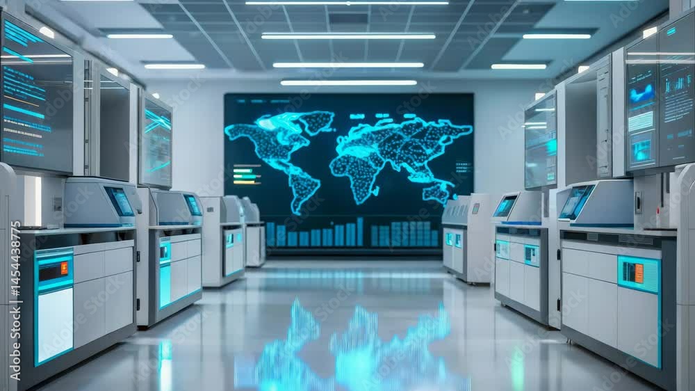 Poster futuristic data center with advanced technology and global map display.