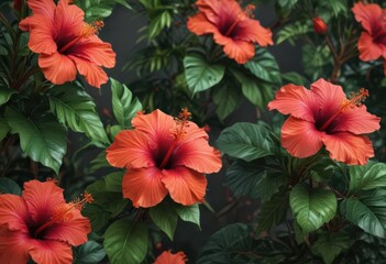 Obraz premium Vibrant hibiscus blooms, lush tropical foliage , colorful, flower, garden