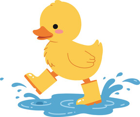 Cute yellow duckling wearing boots splashing in water ideal for t-shirt and cup print vector illustration 
