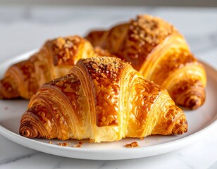 A charming food photo of a warm, golden croissant topped with butter and a few bread crumbs