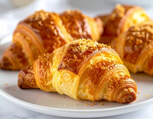 A charming food photo of a warm, golden croissant topped with butter and a few bread crumbs