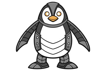 A cartoonish robot penguin is standing with its wings open on a white backdrop