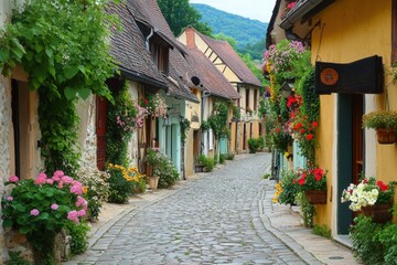 Narrow cobbled alley with colorful doors and floral decor