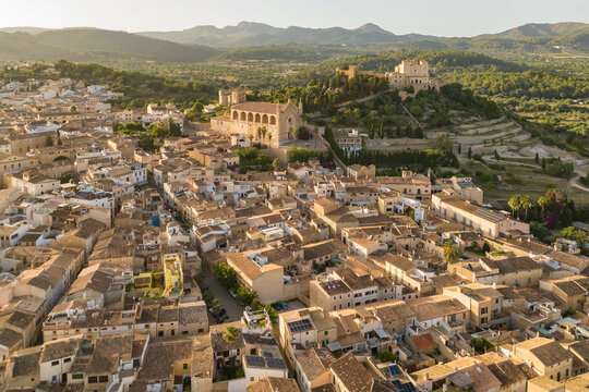 Aerial view of Arta town in Mallorca at sunrise, Balearic Islands, Spain.