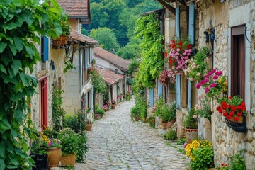 Charming alley with colorful blooms and old-world architecture