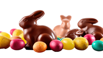 Chocolate Easter Bunny and Eggs: A vibrant array of colorful Easter eggs and charming chocolate bunnies, a delightful scene capturing the essence of joy, celebration and holiday festivity.