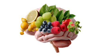 Brain Fuel: Conceptual still life featuring a human brain overflowing with fresh, vibrant fruits and vegetables, a metaphor for a healthy diet nourishing the mind. 