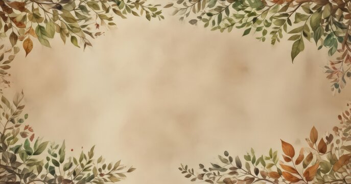 Watercolor leaves & branches frame a rustic bifold template ,  watercolor,  template