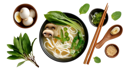 Savory Noodle Symphony: A visually stunning top-down shot presents a tantalizing bowl of ramen, elegantly encircled by a rich assortment of fresh garnishes, each element contributing a layer of taste.
