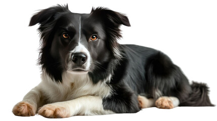 Fototapeta premium Border Collie Portrait: A captivating portrait of a border collie, showcasing its intelligent gaze and striking black and white coat. The dog lies down, relaxed but alert. 