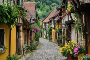 Fototapeta premium Traditional alley with yellow facades and blooming plants