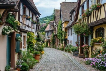 Fototapeta premium Quaint path with traditional houses and lush greenery