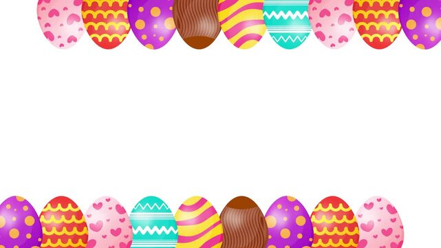 Easter eggs animation 4k video. Happy easter holidays, frame, banner, colorful, fun, greeting Card Frame video. Animated easter border on white background