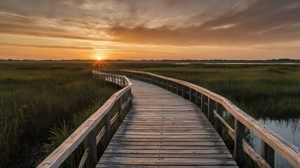 Wooden boardwalk curves through a peaceful marsh at sunset