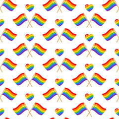 Pride month seamless pattern with rainbow LGBT flag on white background. LGBT Pride symbols on white background. Vector illustration for banner, poster, decor, greeting card. Print design textile.