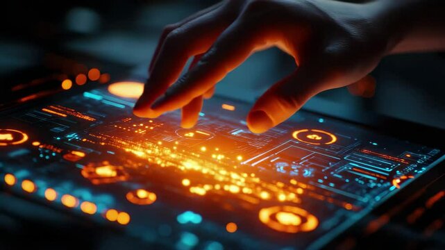 Hand is touching a screen with a glowing, colorful display. Concept of wonder and excitement, as if the viewer is experiencing something new and innovative