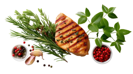 Grilled Chicken Culinary Delight: A tantalizing shot of a grilled chicken breast, presented amidst an array of fresh herbs and spices, inviting a gastronomic adventure and emphasizing healthy eating.