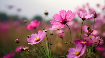 Fototapeta premium Vibrant Cosmos Blossom in Lush Garden Under Blue Sky. A Captivating Nature Scene of Pink Flowers in Bloom