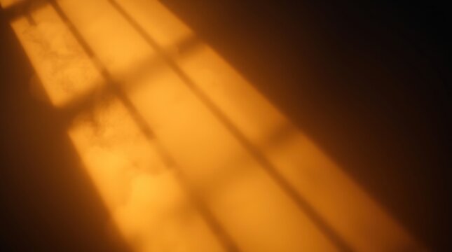 Golden sunlight streams through a window, casting blurred, parallel shadows on a textured wall