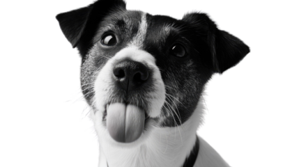 Playful Pup: A charming black and white portrait of a happy dog with tongue sticking out, exuding joy and capturing the essence of canine happiness. 