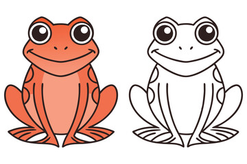 Cheerful orange frog sits happily next to its simple black outline version