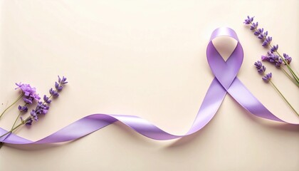Supporting cancer awareness with purple ribbon and lavender flowers minimalist design indoor setting close-up view hope and healing concept