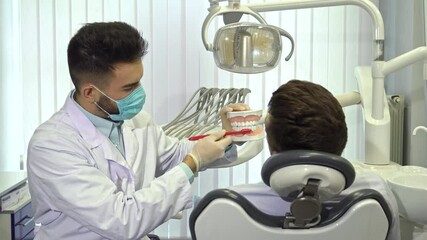 Dentist demonstrates proper tooth brushing technique to patient